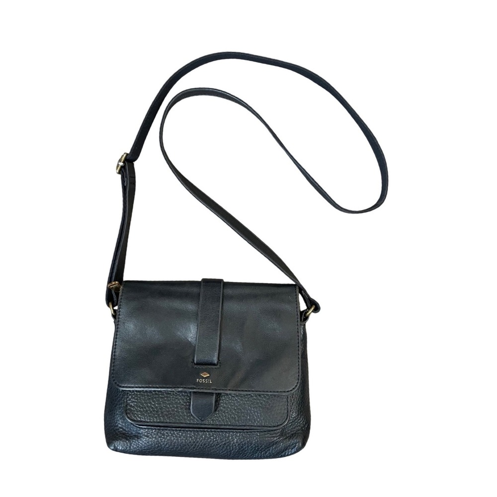 Fossil Black Leather Crossbody Bag Small Messenger Flap Purse Brass Hardware